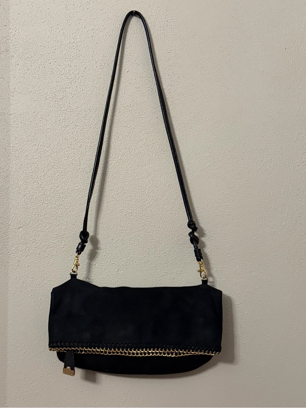 ANTONIO MELANI Black Nubuck Crossbody with Gold Chain Trim